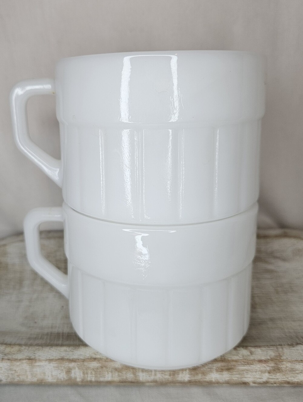 Vintage Federal Glass Milk Glass Stacking Cups Set of 2 Ribbed White Heat Proof